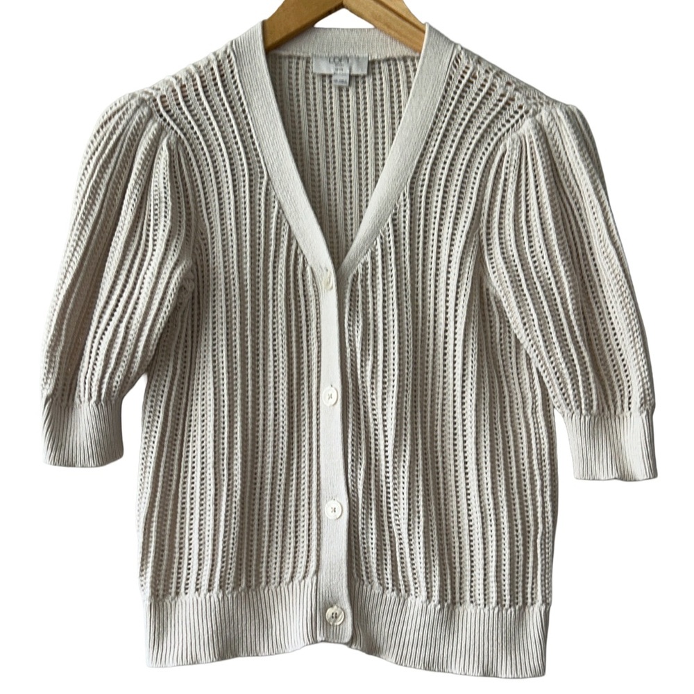 Loft Cream Knit, 3/4 Puff Sleeve, Button Front  Cardigan Sweater